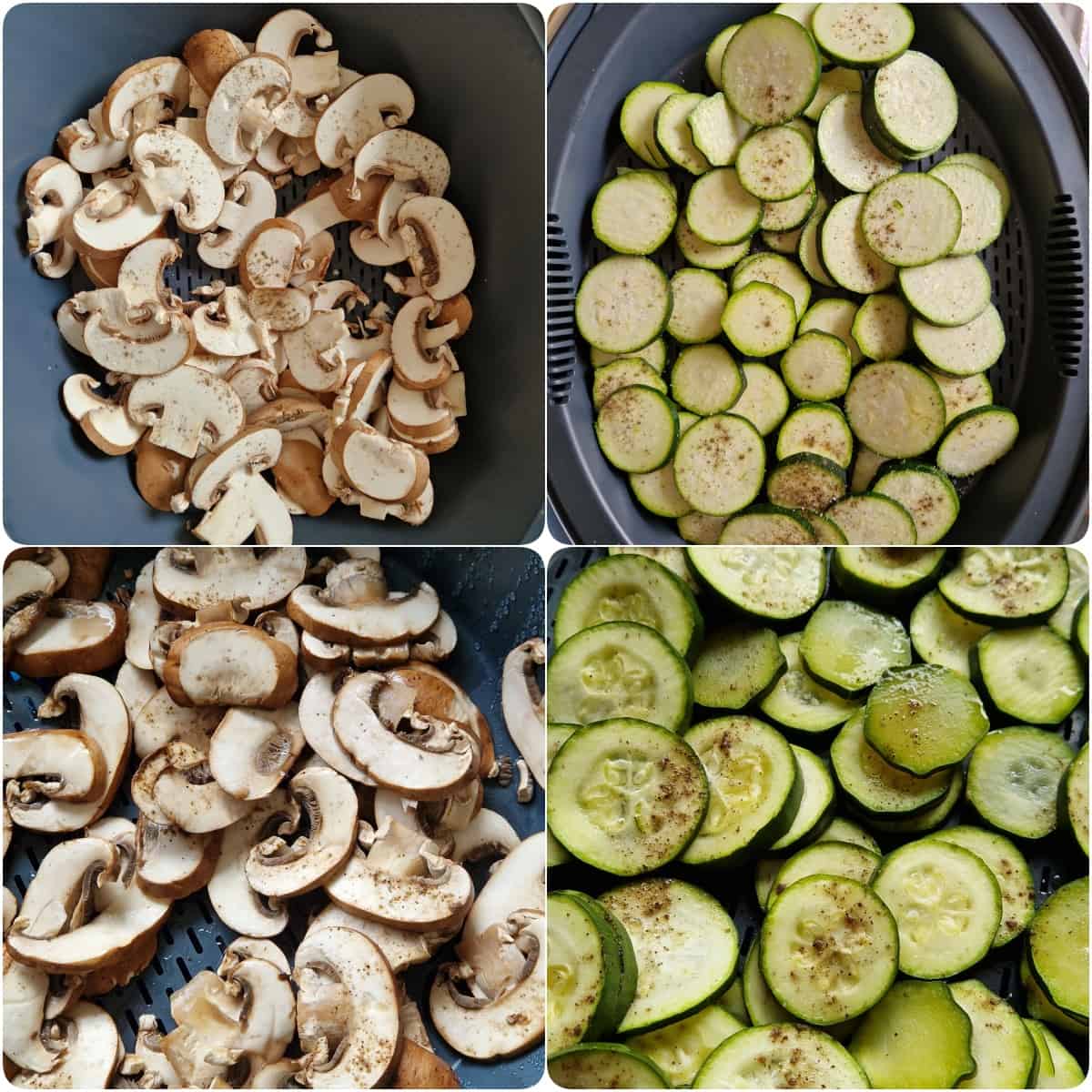 Eine Collage der Zubereitungsschritte für das Gemüse der Gemüselasagne.