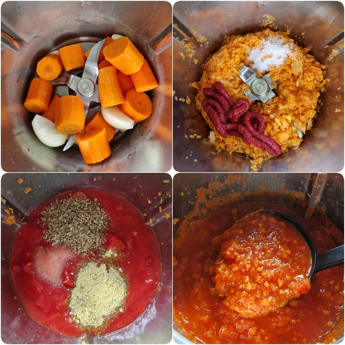 Eine Collage der Zubereitungsschritte für die Tomatensauce der Gemüselasagne.