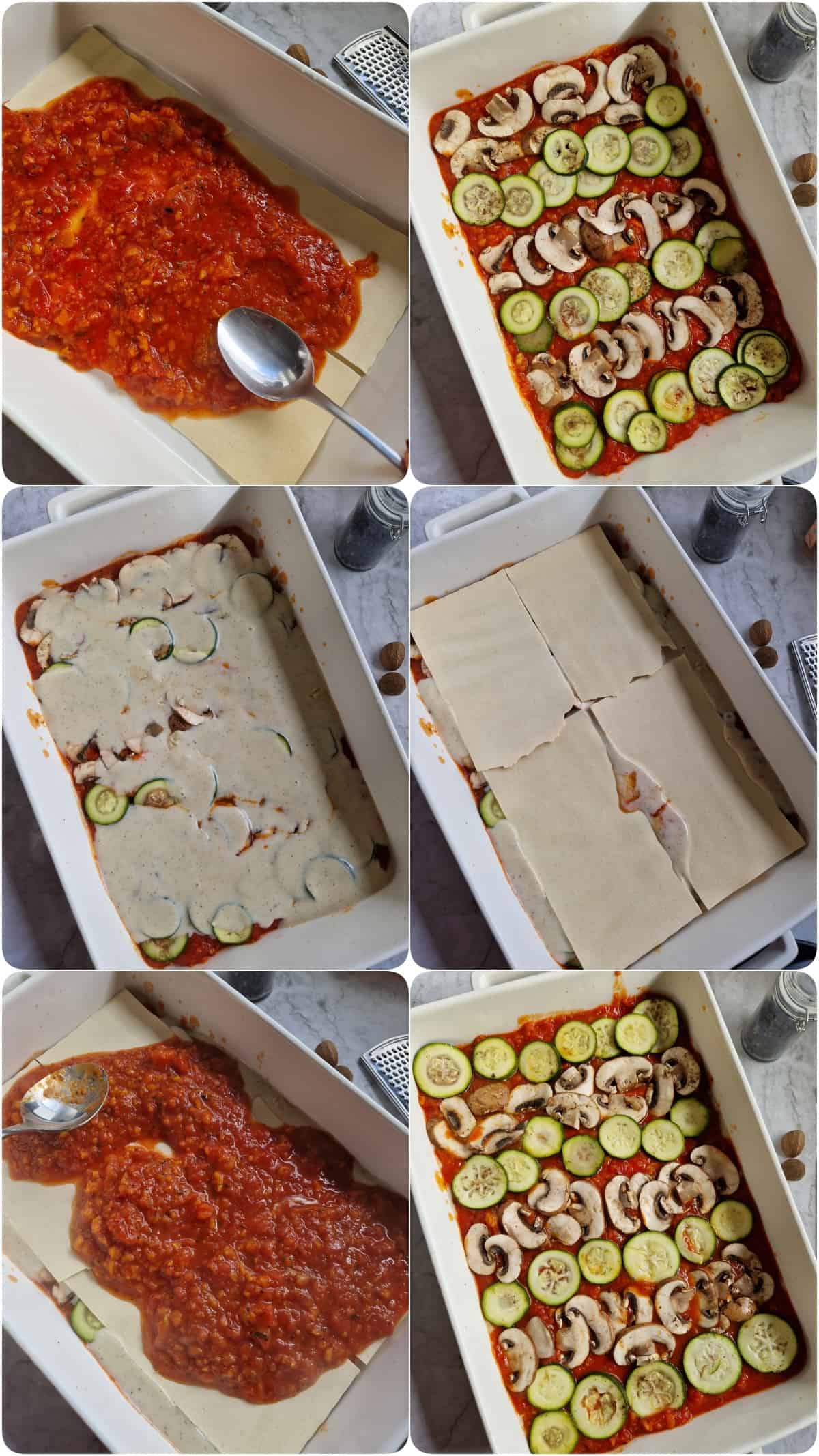 Eine Collage der Zubereitungsschritte für Gemüselasagne.