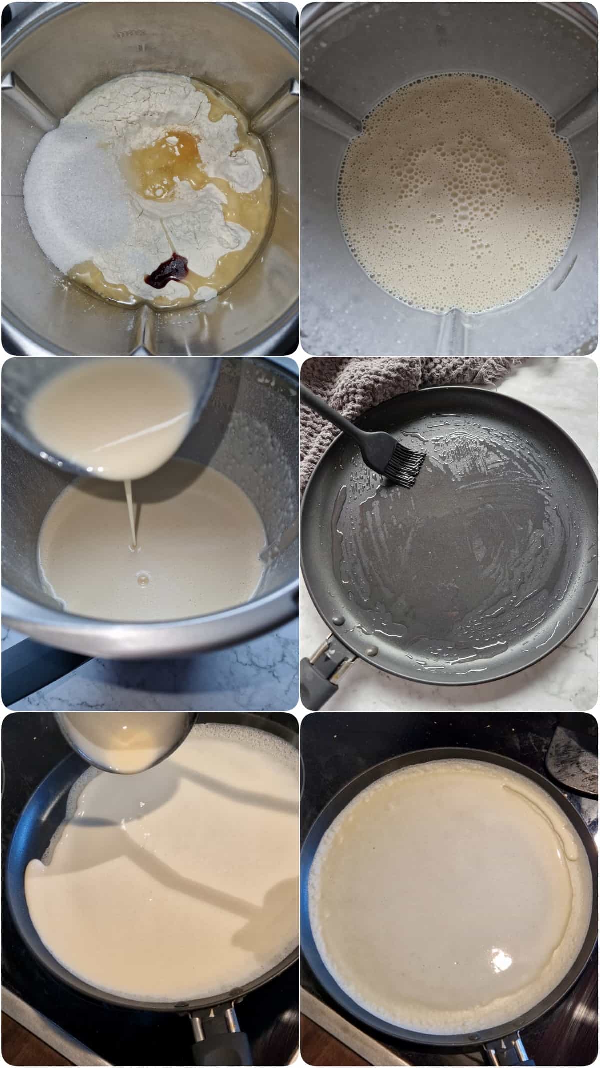 Eine Collage der Zubereitungsschritte für Pfannkuchen.