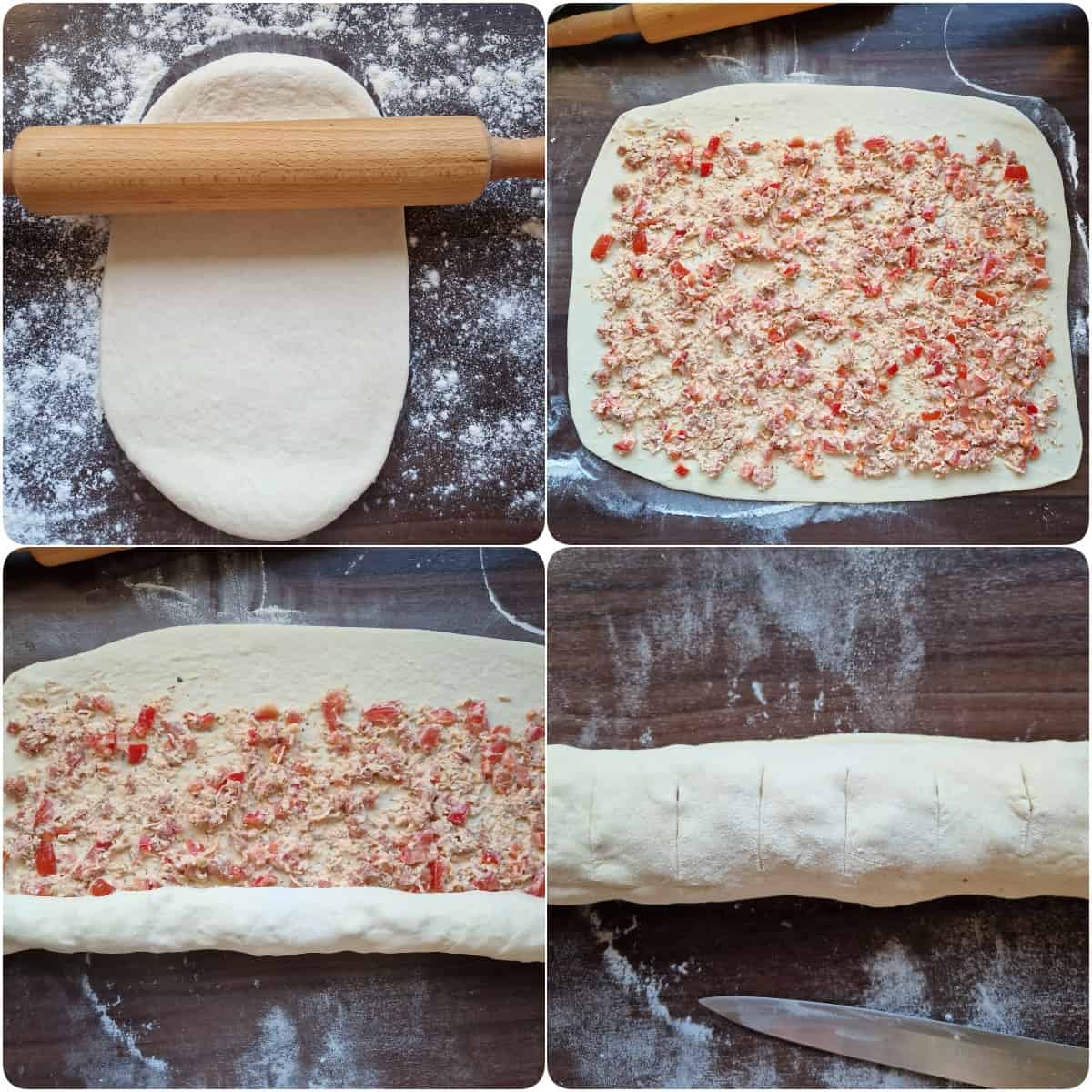 Eine Collage der Zubereitungsschritte für Pizzaschnecken mit Hefeteig.