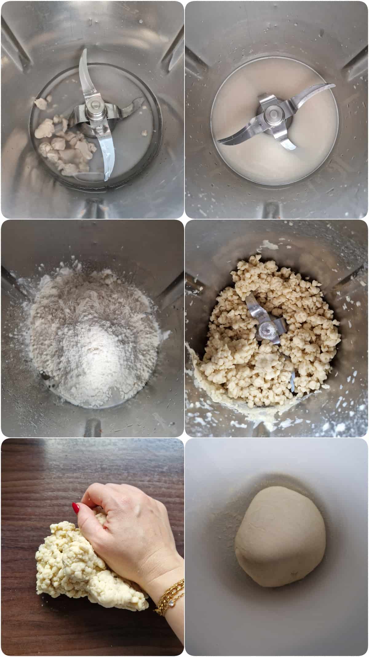 Eine Collage der Zubereitungsschritte für Quiche mit Hähnchen und Champignons.