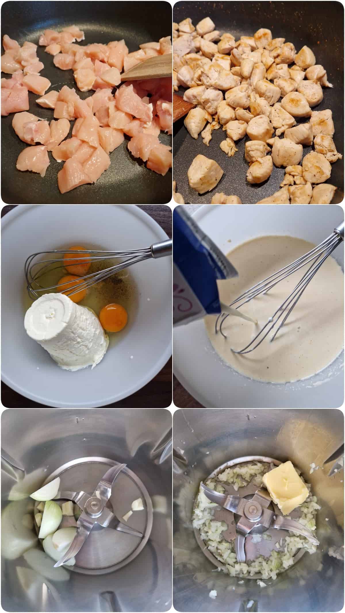 Eine Collage der Zubereitungsschritte für Quiche mit Hähnchen und Champignons.
