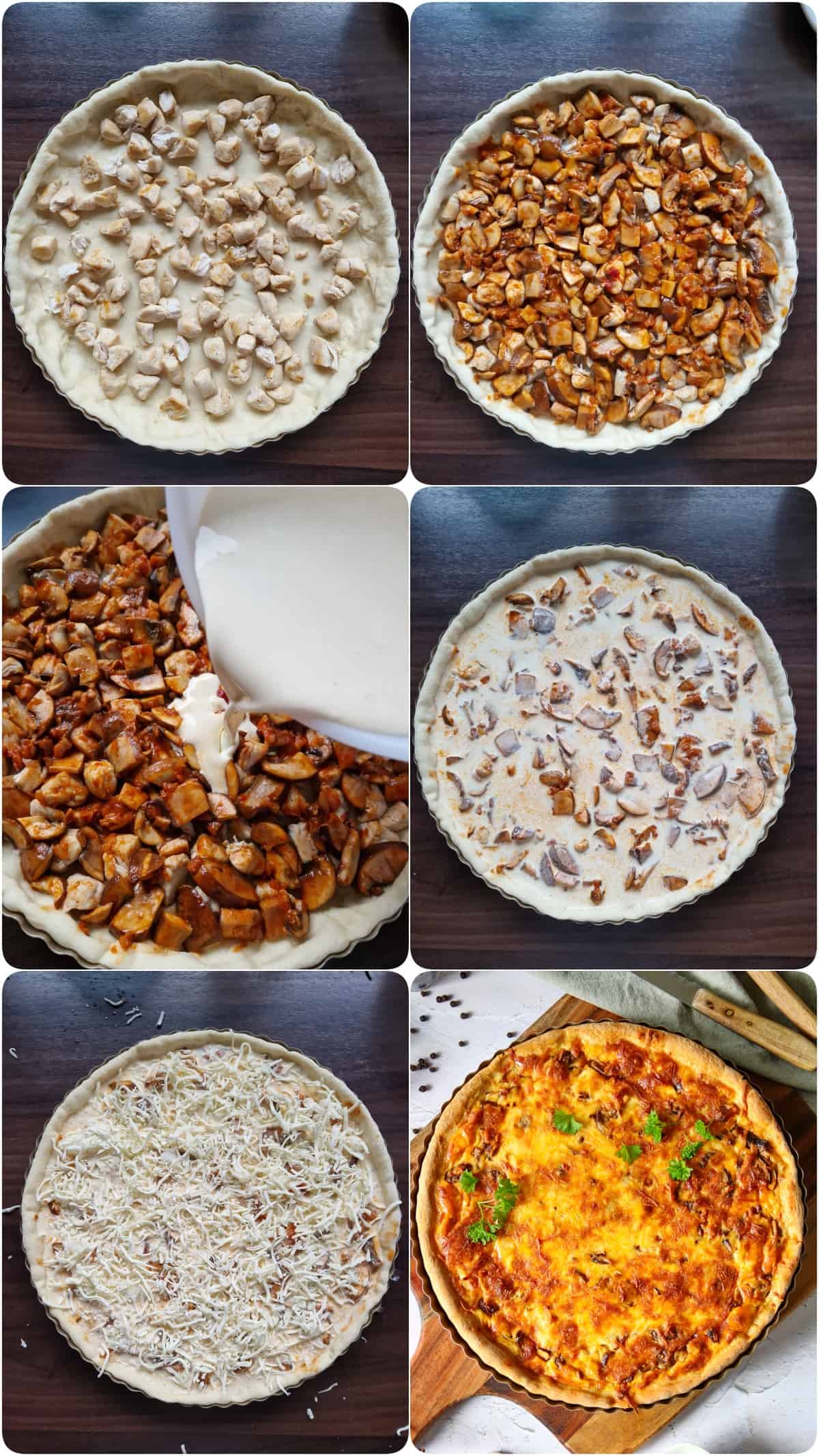 A collage of the preparation steps for quiche with chicken and mushrooms.