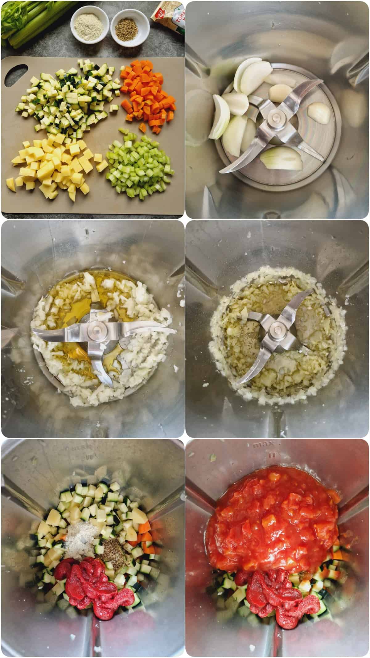 Eine Collage der Zubereitungsschritte für Minestrone.