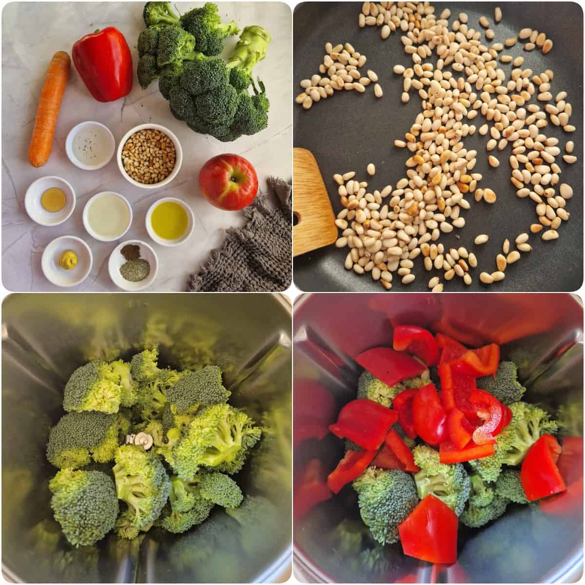 Eine Collage der Zubereitungsschritte für Rohkostsalat mit Brokkoli.