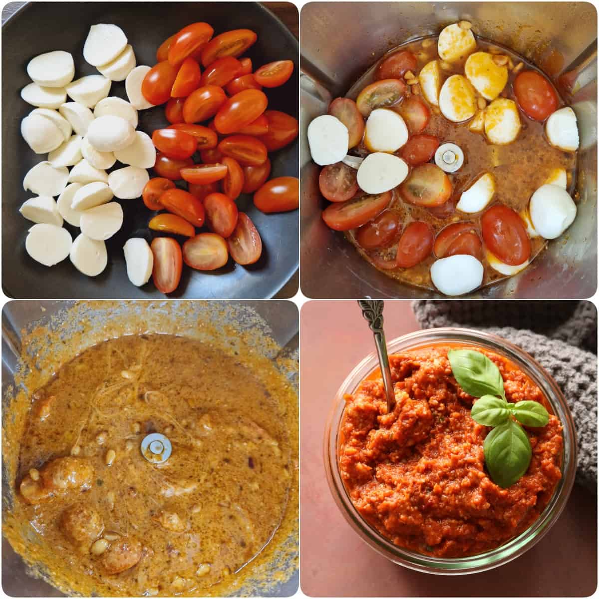 A collage of the preparation steps for linguine with pesto rosso and mozzarella.