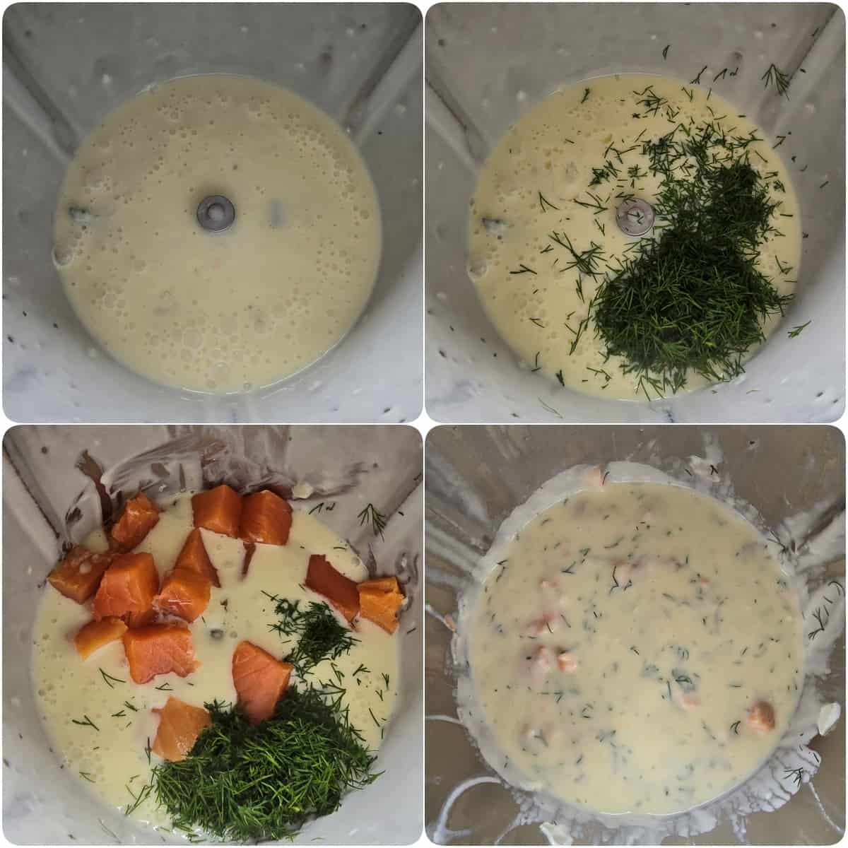 A collage of the preparation steps for pasta in salmon cream sauce.