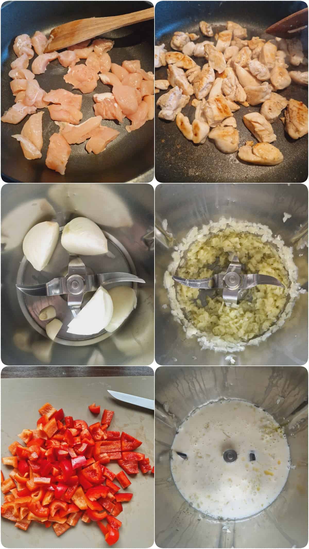 Eine Collage der Zubereitungsschritte für Paprika-Hähnchen-Geschnetzeltes.