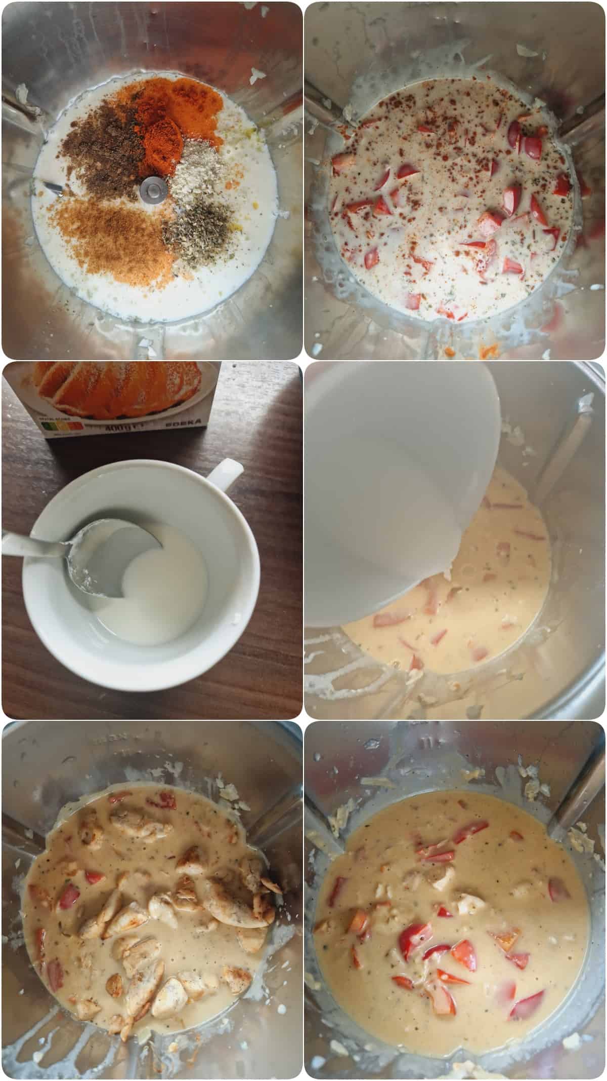 Eine Collage der Zubereitungsschritte für Paprika-Hähnchen-Geschnetzeltes.