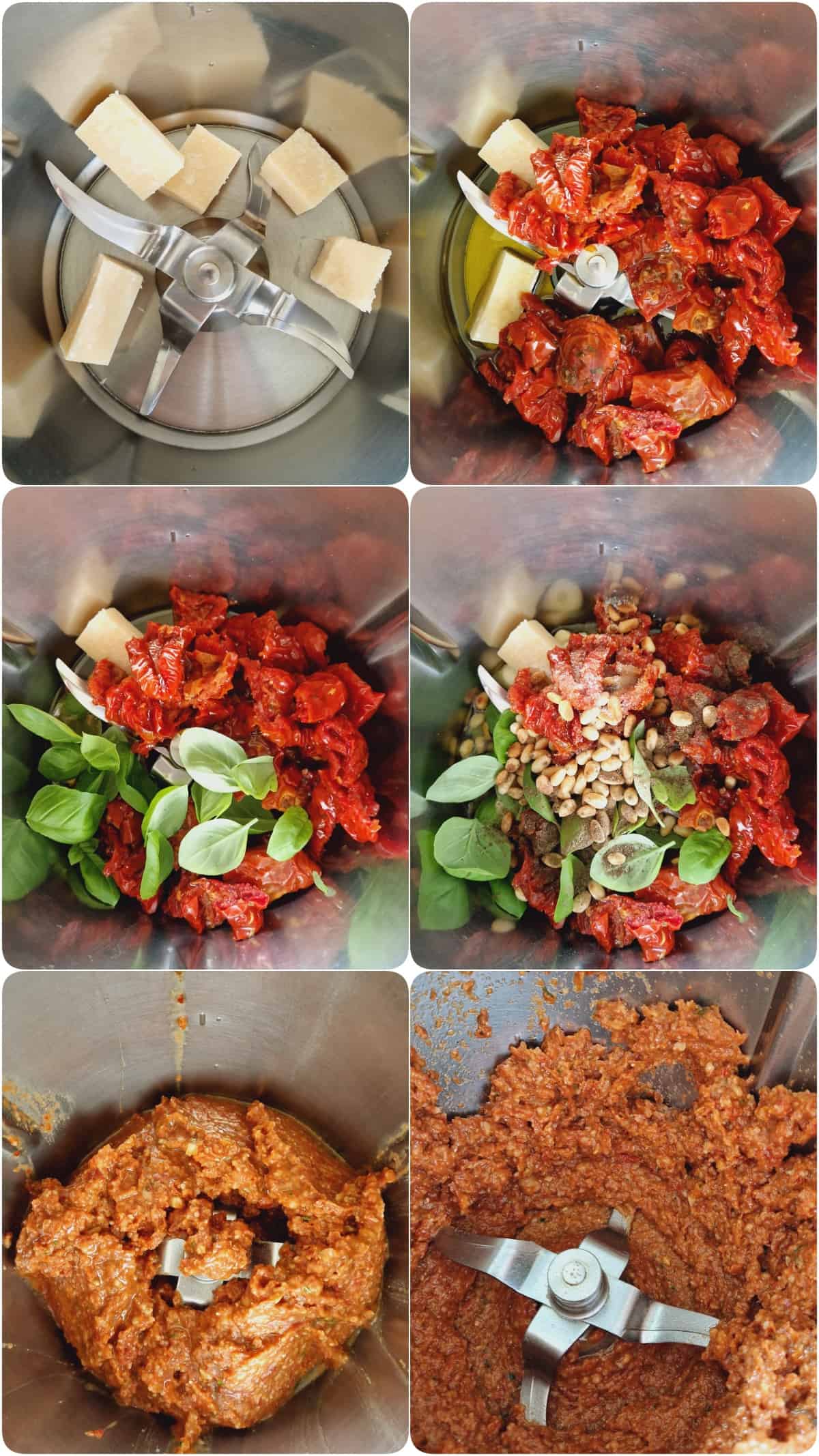 A collage of the preparation steps for pesto rosso.