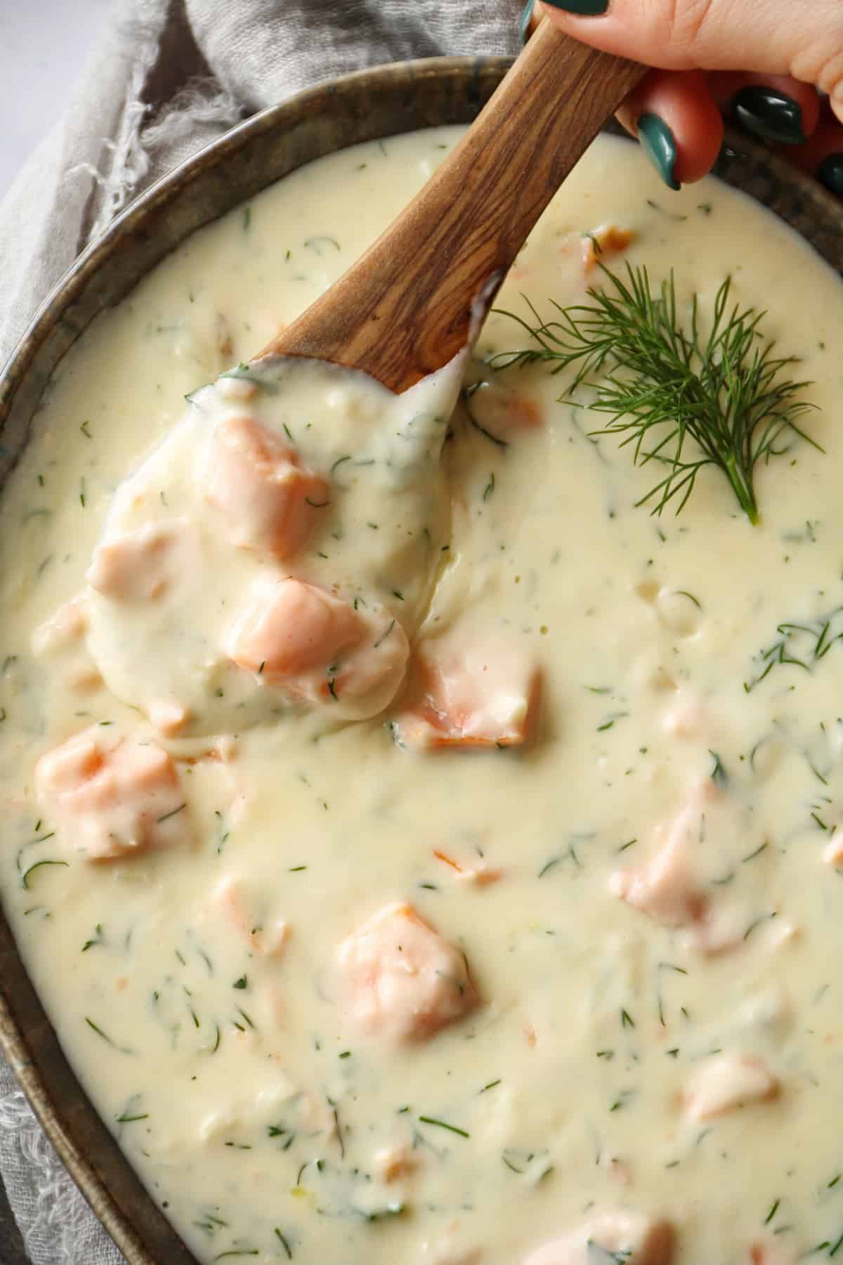 A close-up of a bowl of salmon and cream sauce.