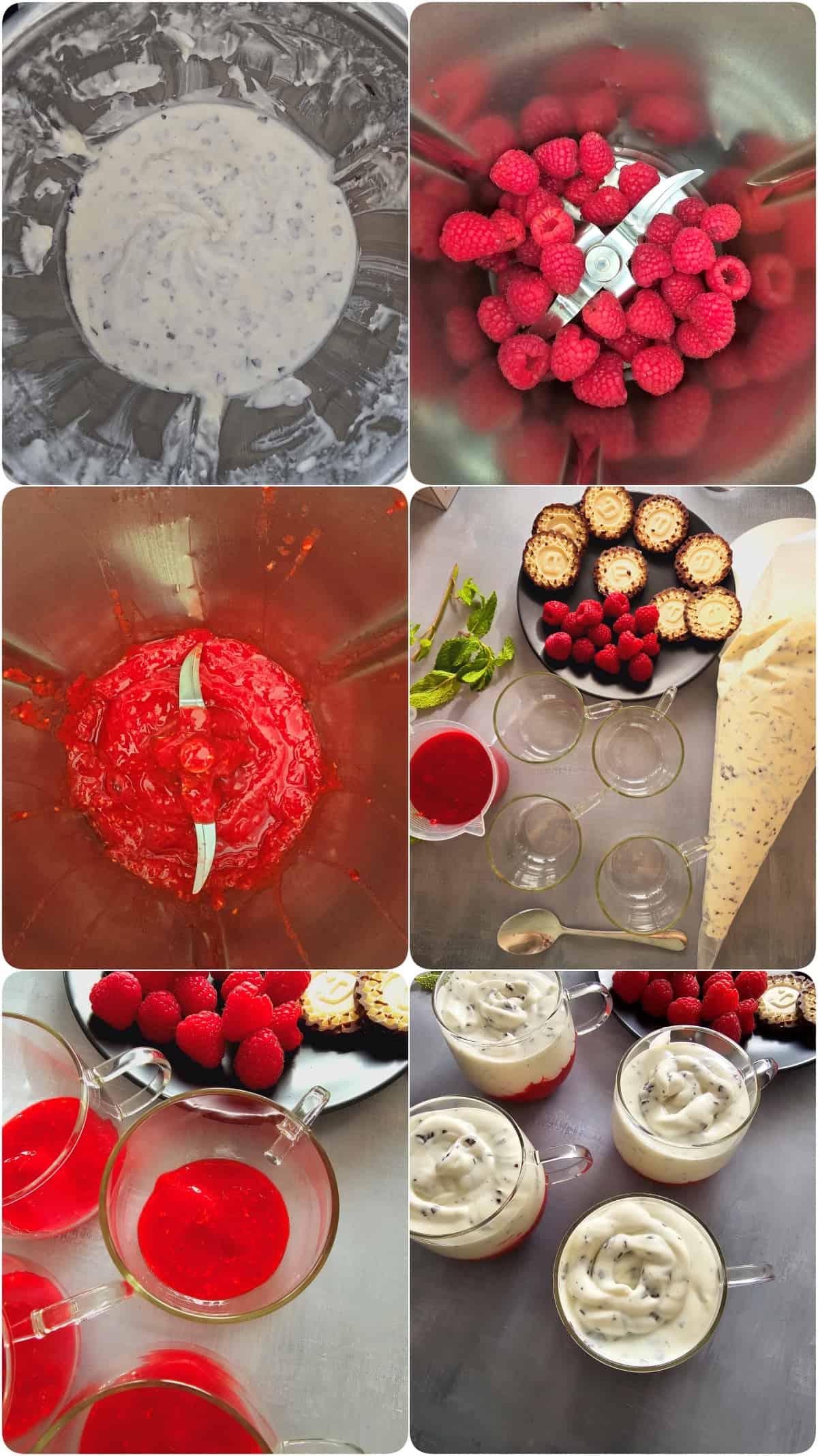 A collage of the preparation steps for Dickmann's dessert with raspberries.