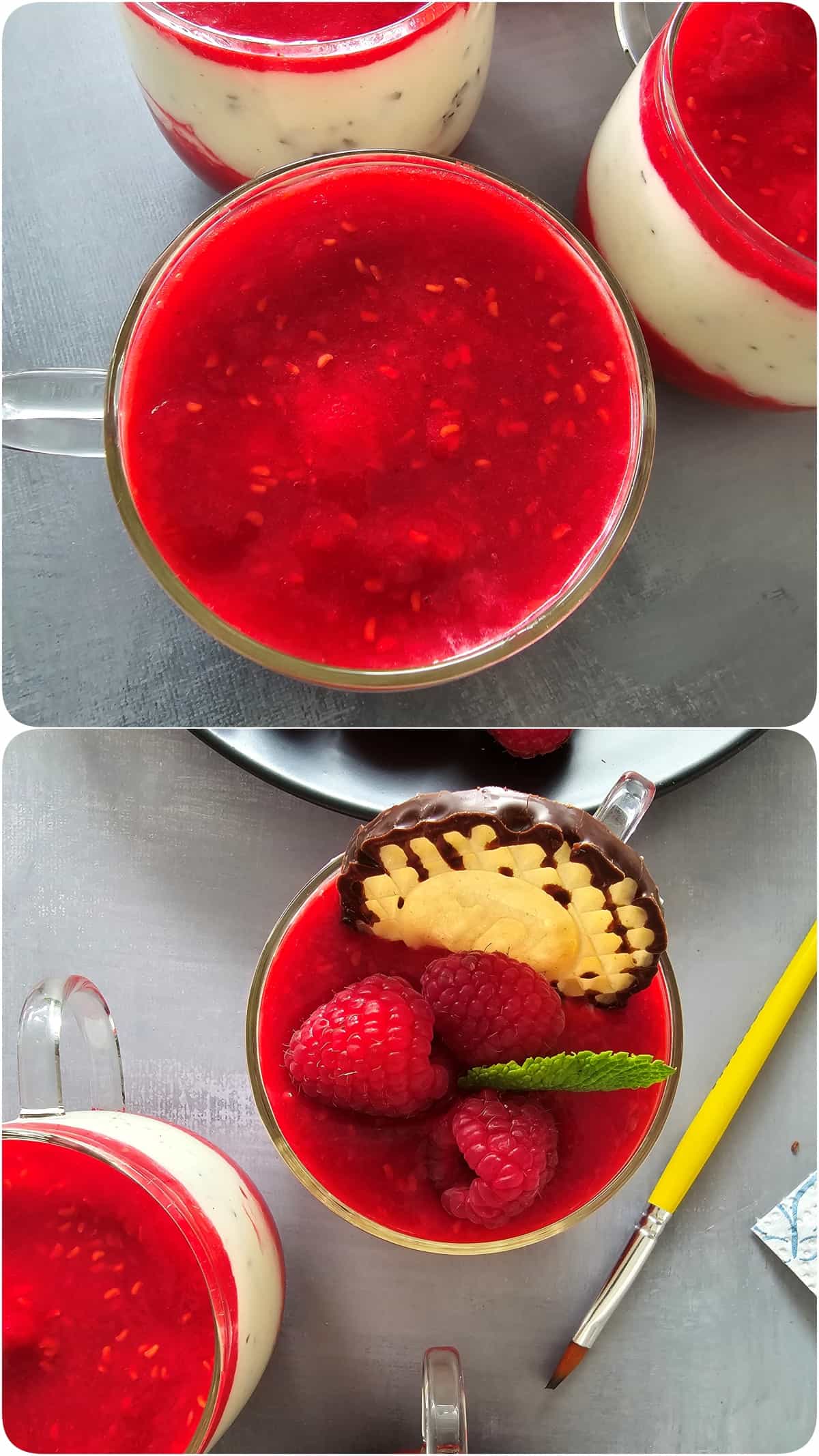 A collage of the preparation steps for Dickmann's dessert with raspberries.