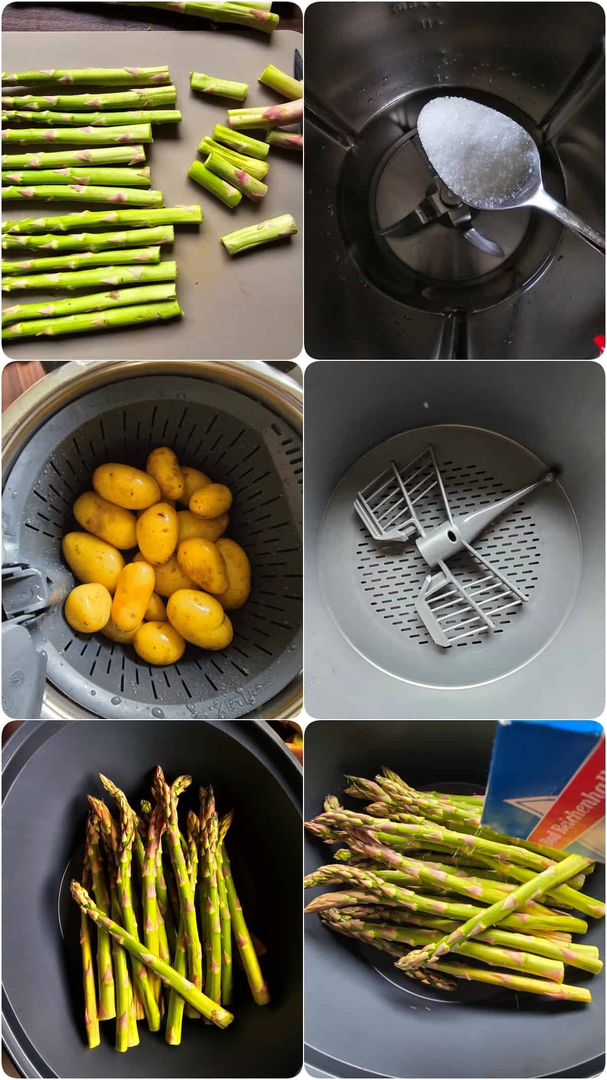 A collage of the preparation steps for green asparagus with hollandaise sauce.