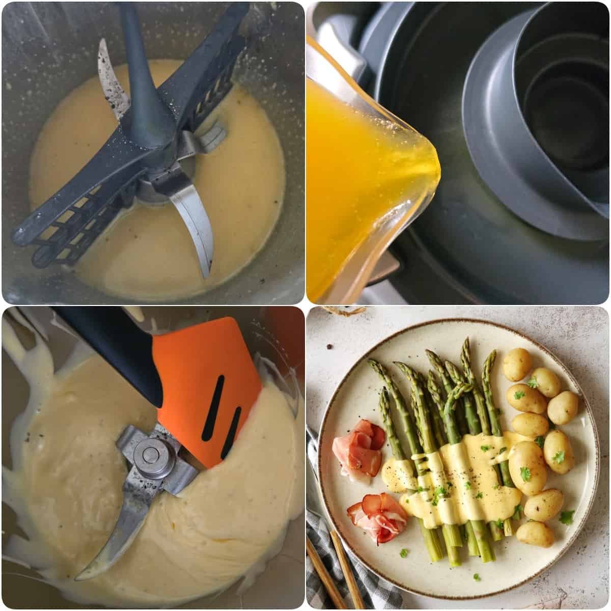 Eine Collage der Zubereitungsschritte für grüner Spargel mit Sauce hollandaise.