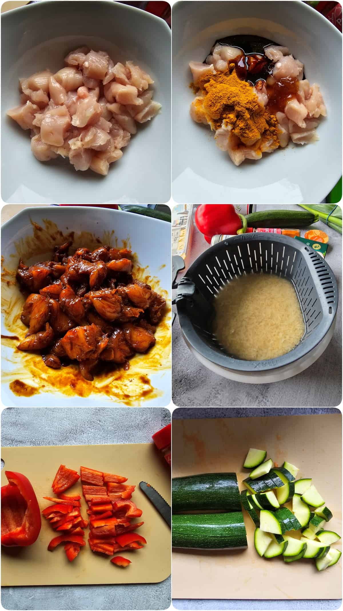 A collage of the preparation steps for chicken curry.