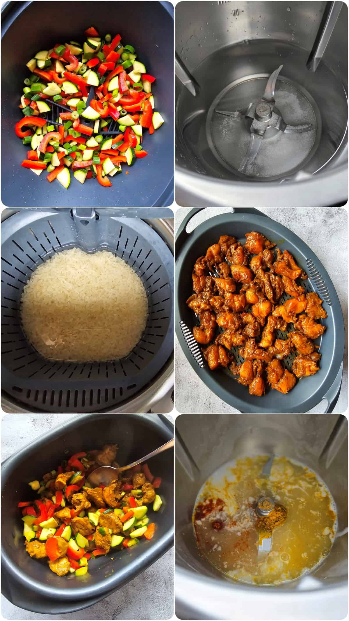 A collage of the preparation steps for chicken curry.