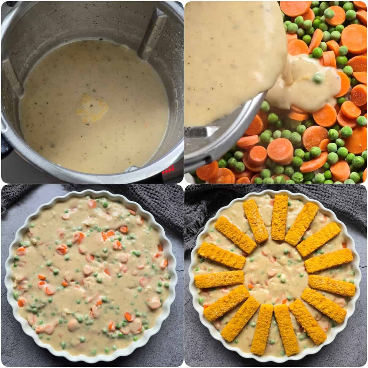A collage of the preparation steps for the fish sticks casserole.