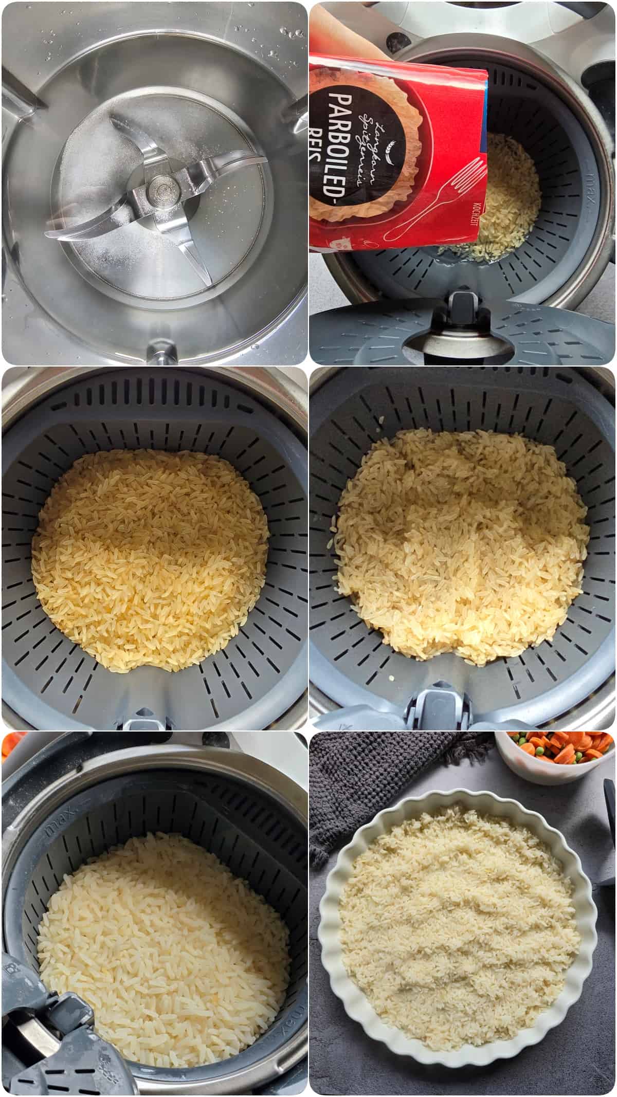 Eine Collage der Zubereitungsschritte für den Reis.