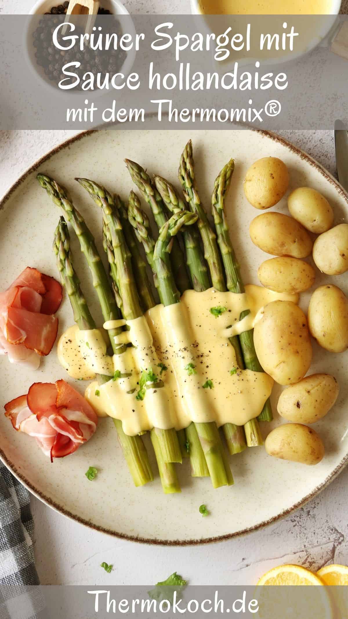 A plate of green asparagus with hollandaise sauce, potatoes and ham.