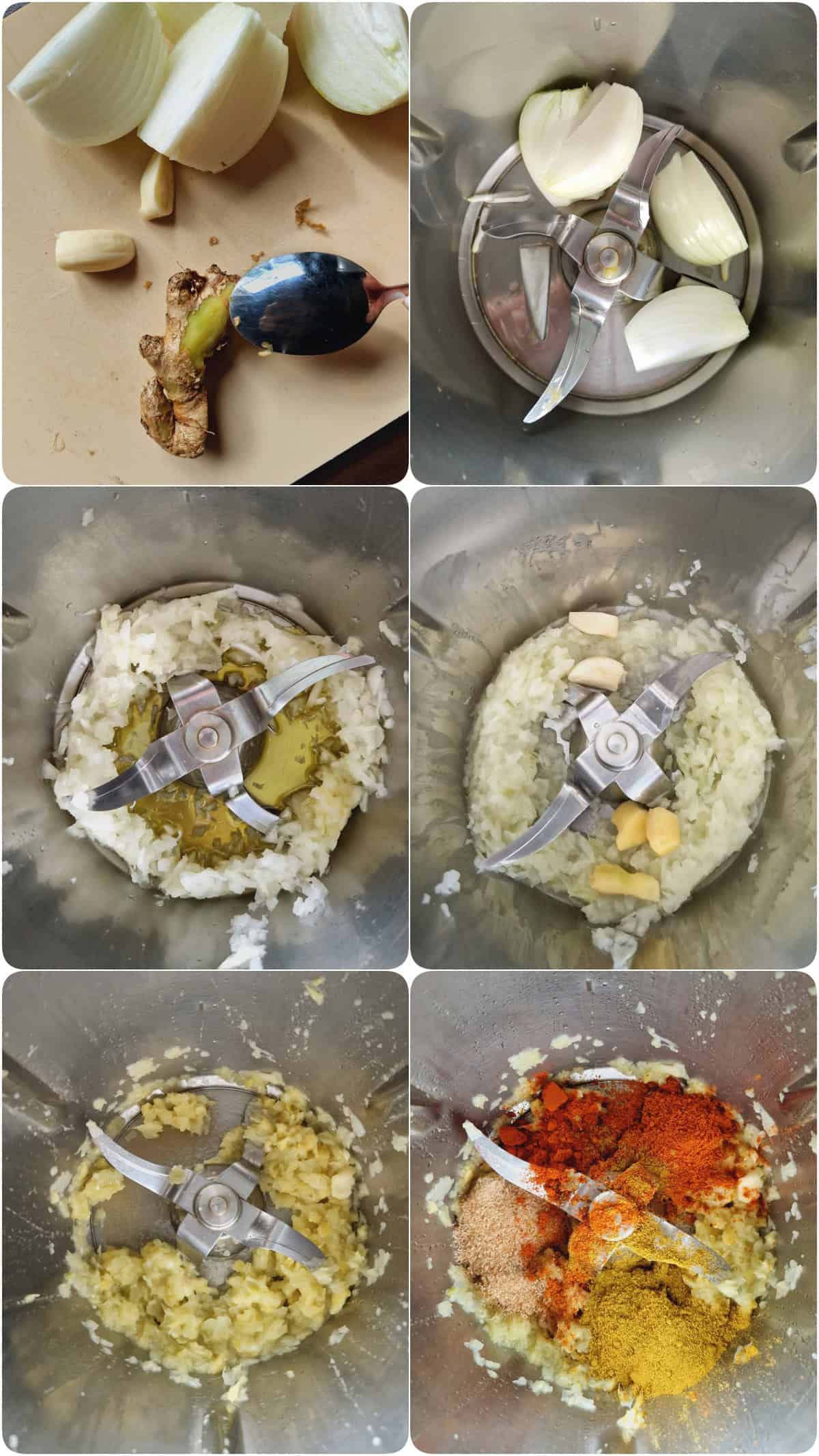 Eine Collage der Zubereitungsschritte für Currysoße für Currywurst.