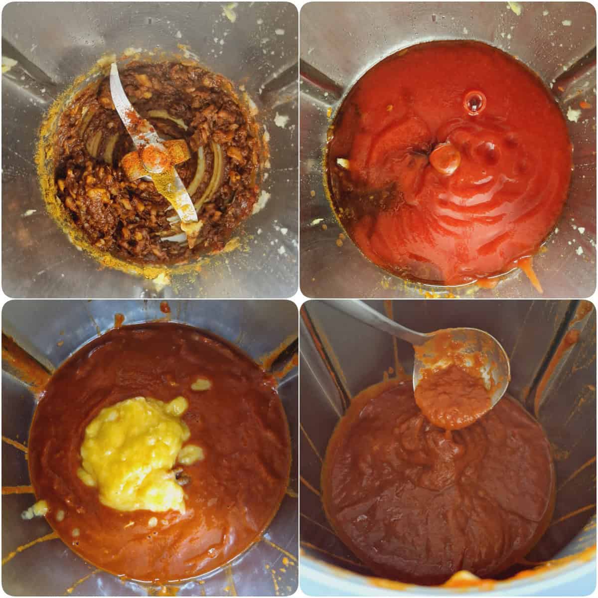 Eine Collage der Zubereitungsschritte für Currysoße für Currywurst.