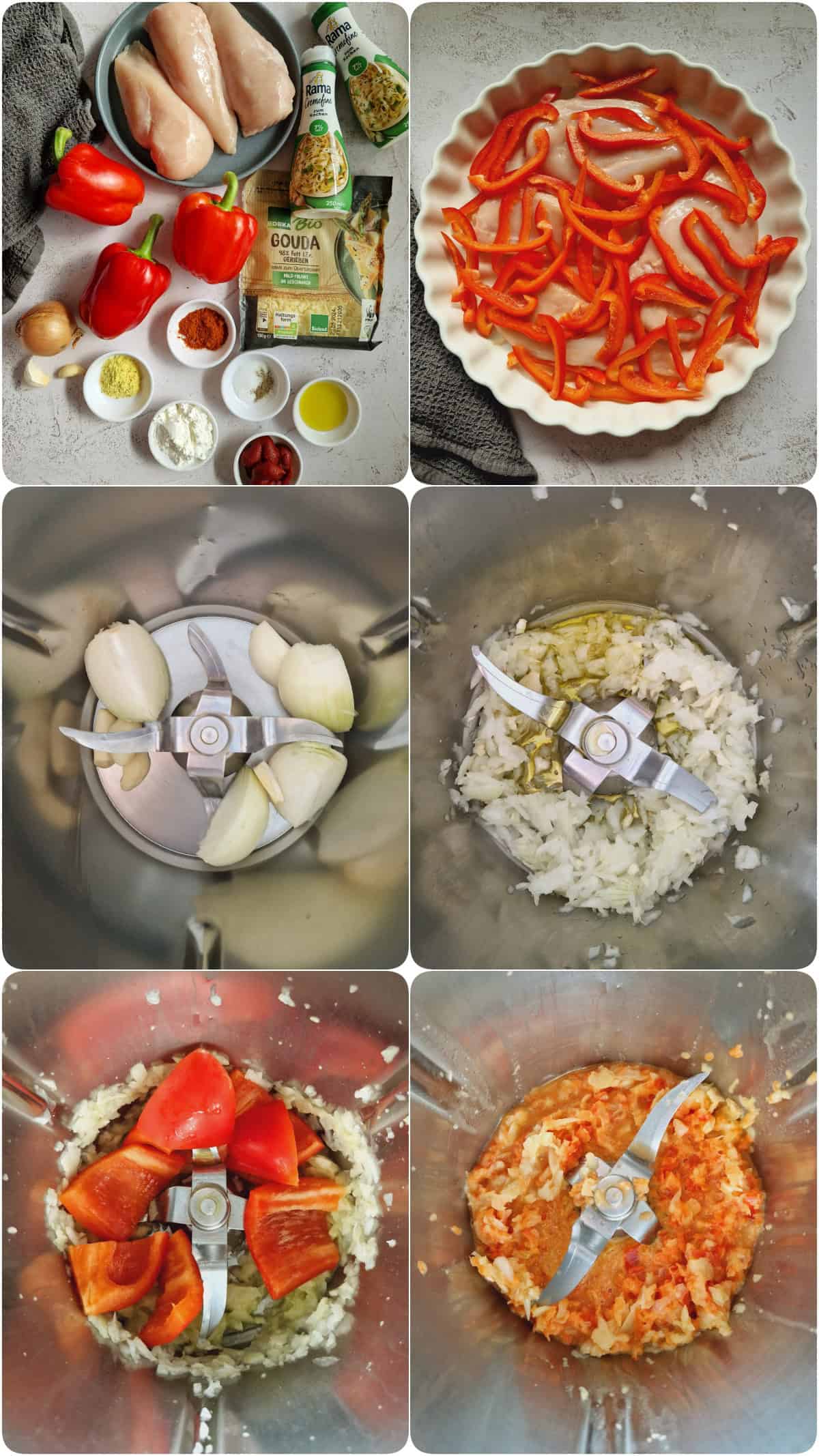 Eine Collage der Zubereitungsschritte für Paprika-Sahne-Hähnchen.