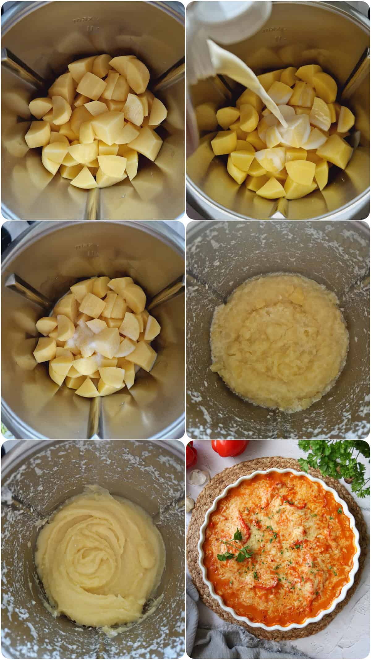 Eine Collage der Zubereitungsschritte für Paprika-Sahne-Hähnchen.