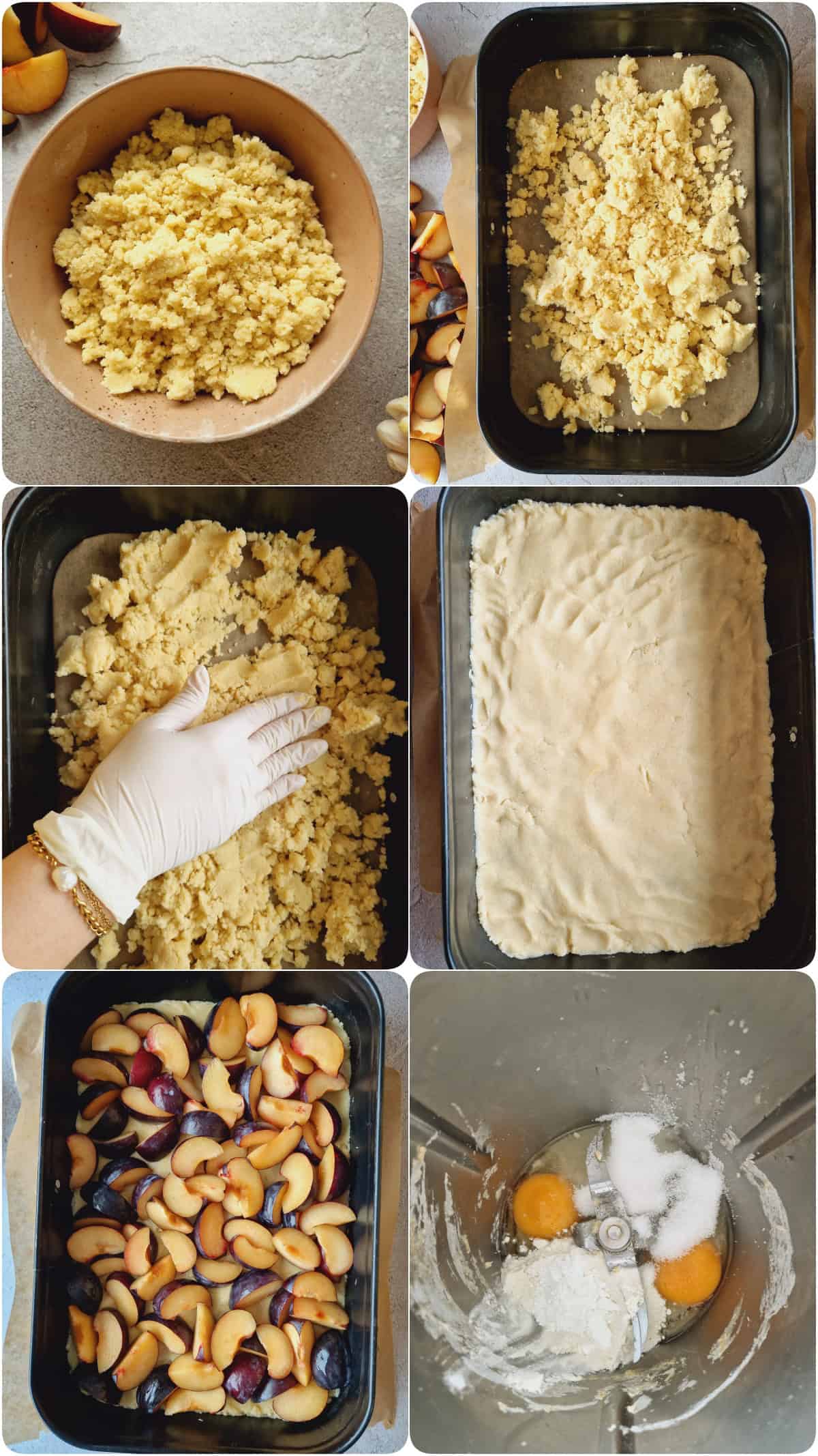 Eine Collage der Zubereitungsschritte für Streuselkuchen mit Obst.