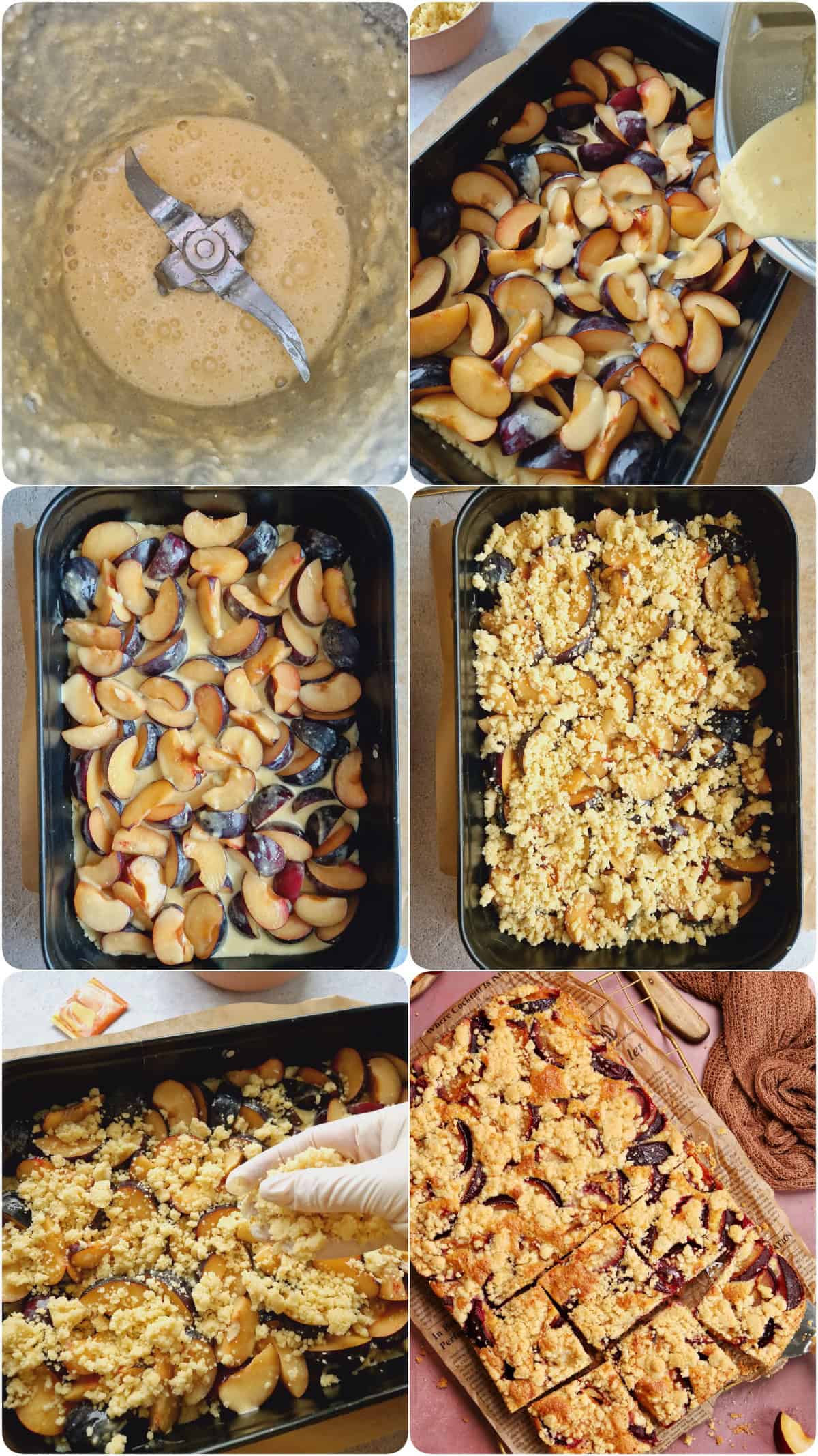 Eine Collage der Zubereitungsschritte für Streuselkuchen mit Obst.
