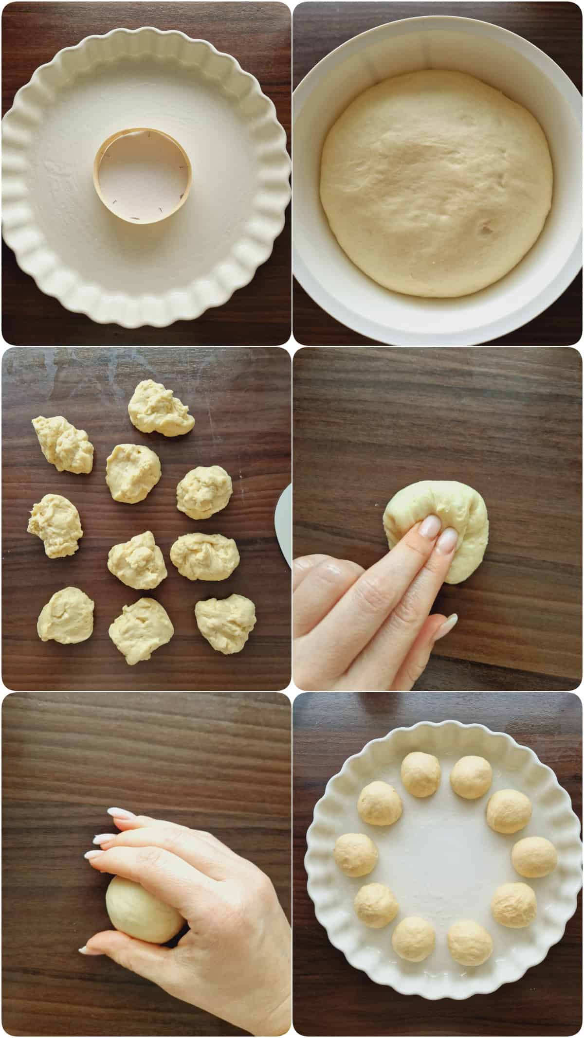 Eine Collage der Zubereitungsschritte für einen Brotkranz mit Camembert.