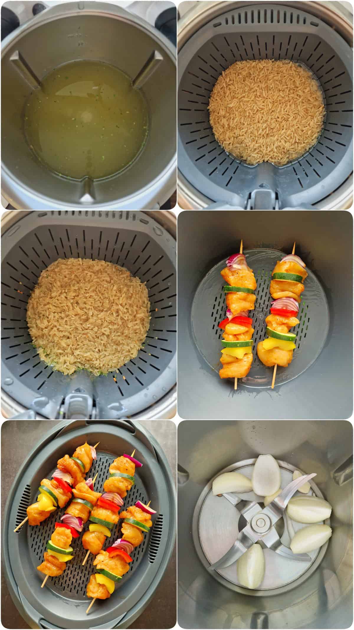 Eine Collage der Zubereitungsschritte für Hähnchenspieße mit Schaschliksoße.