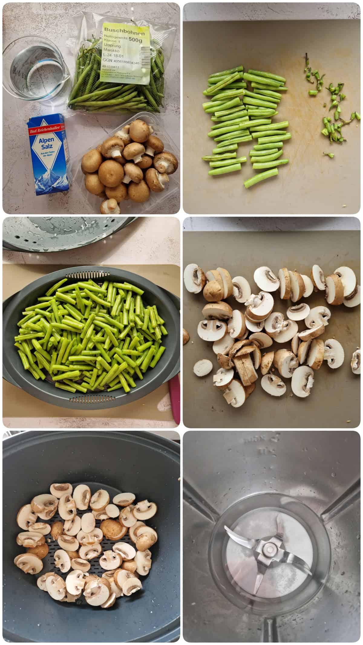 Eine Collage der Zubereitungsschritte für mediterraner Salat mit Bohnen und Champignons.