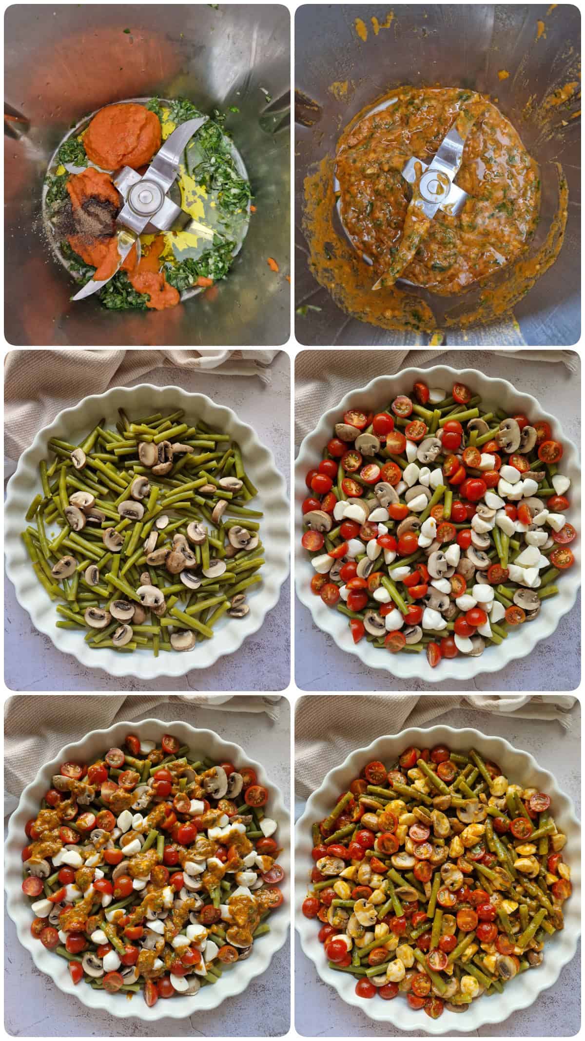 Eine Collage der Zubereitungsschritte für mediterraner Salat mit Bohnen und Champignons.
