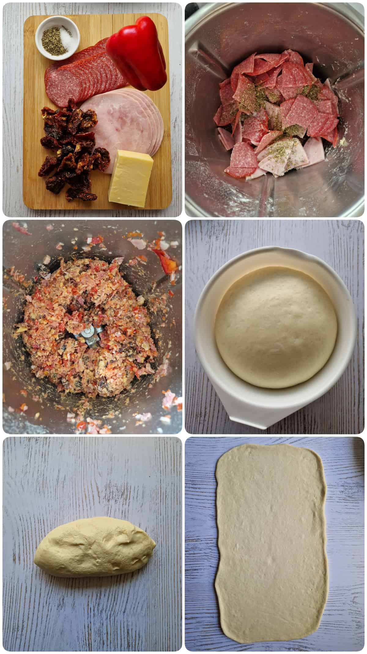 Eine Collage der Zubereitungsschritte für den Pizza-Zopf.