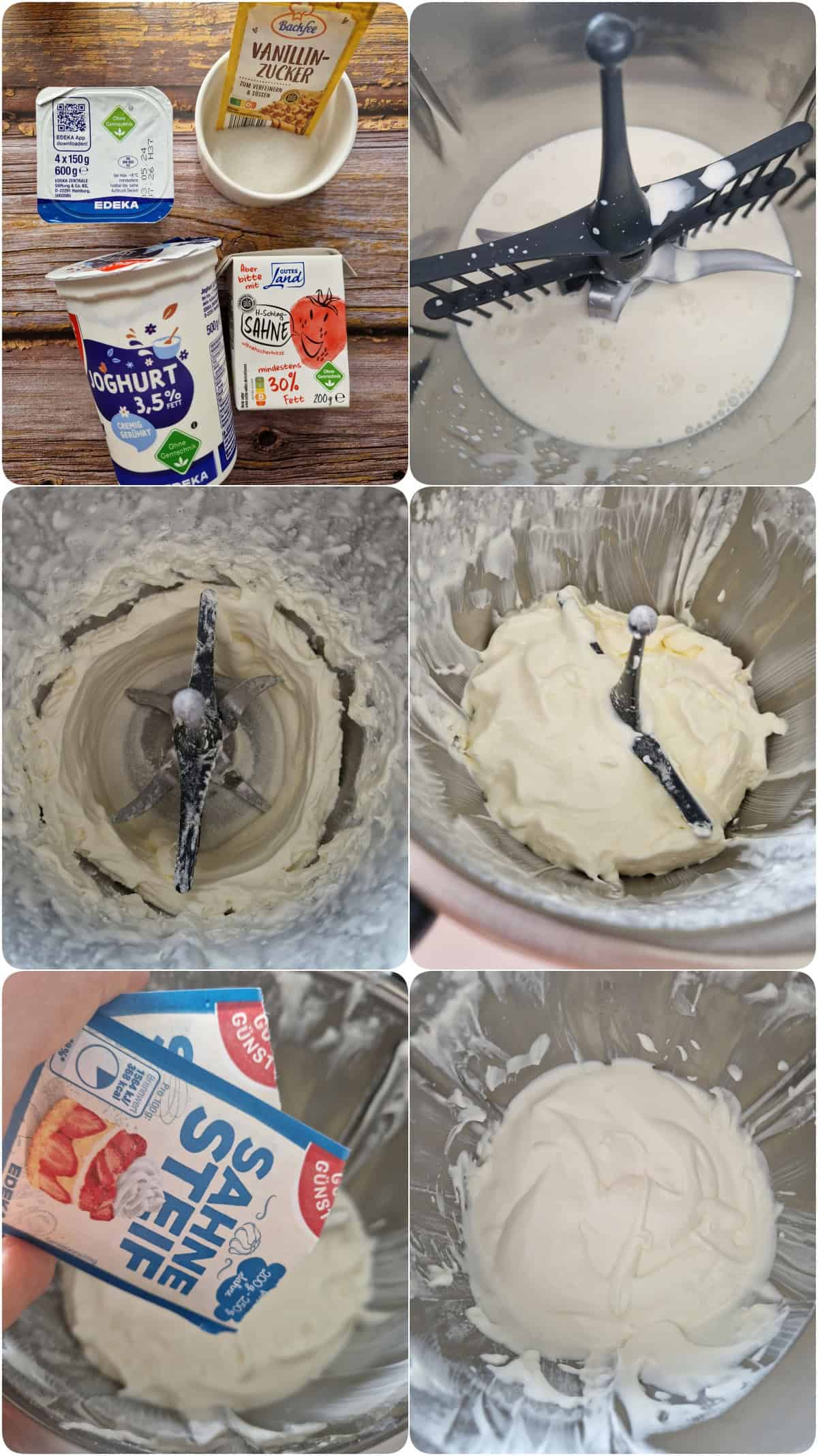 Eine Collage der Zubereitungsschritte für Solero Dessert im Glas.