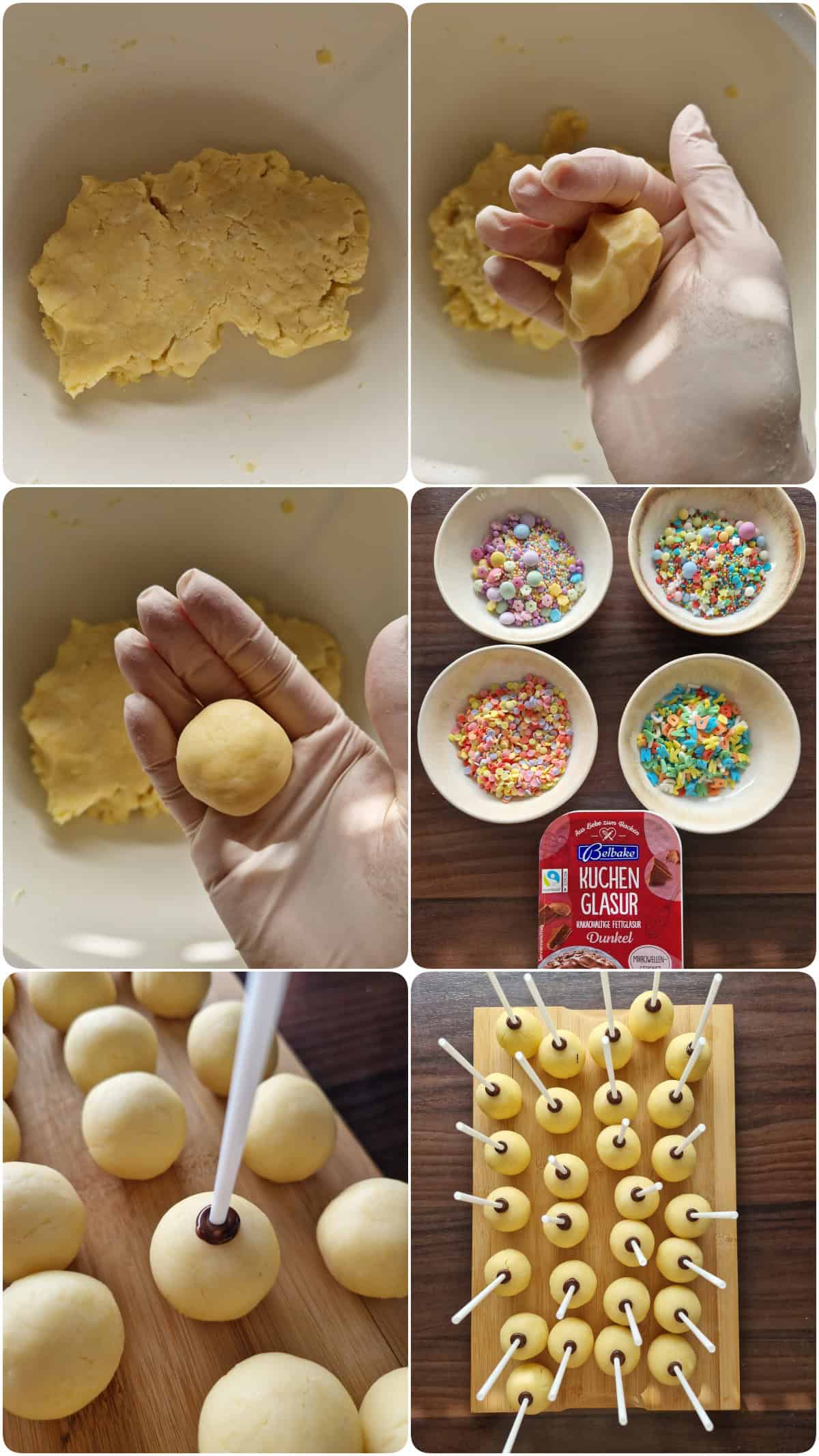 Eine Collage der Zubereitungsschritte für Cake Pops.