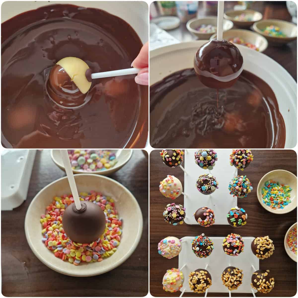 Eine Collage der Zubereitungsschritte für Cake Pops.