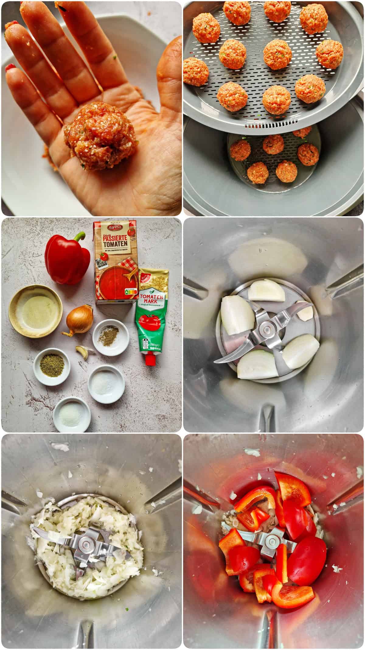 Eine Collage der Zubereitungsschritte für Hackbällchen mit Tomatensoße aus dem Varoma®.