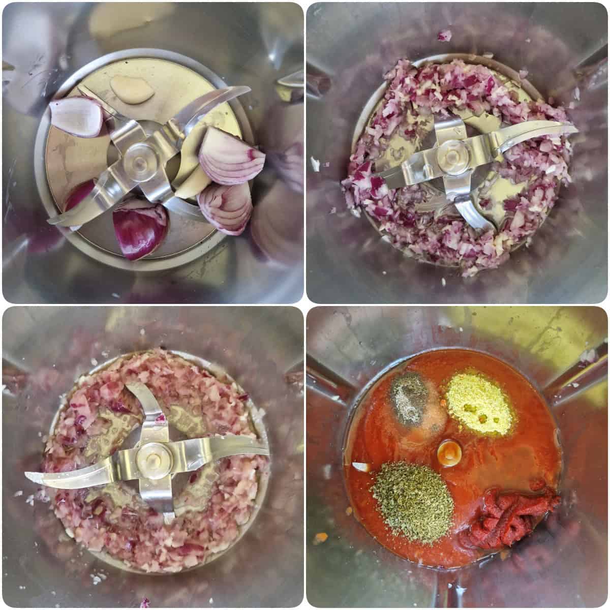 Eine Collage der Zubereitungsschritte für Thunfisch-Tomatensoße für Pasta.