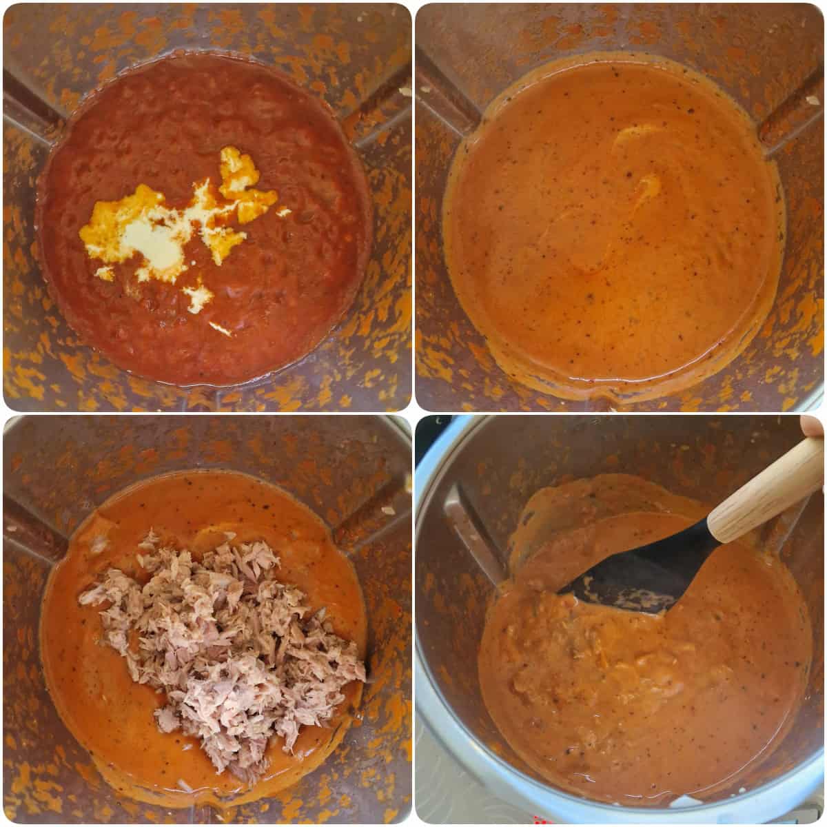 A collage of the preparation steps for tuna and tomato sauce for pasta.