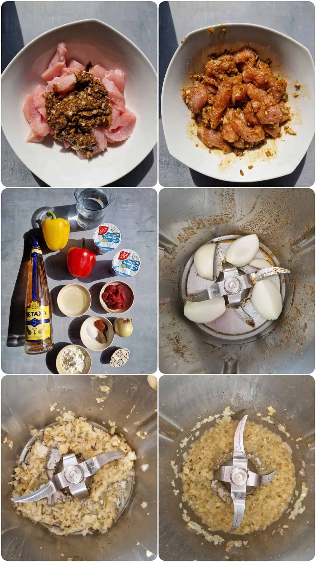 Eine Collage der Zubereitungsschritte für Gyros in Metaxasosse.