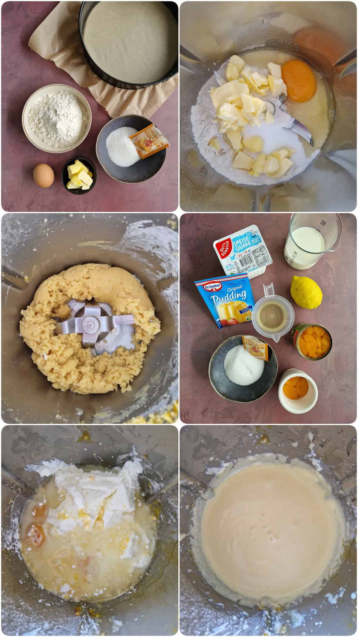 Eine Collage der Zubereitungsschritte für Käsekuchen mit Mandarinen und Baiser.