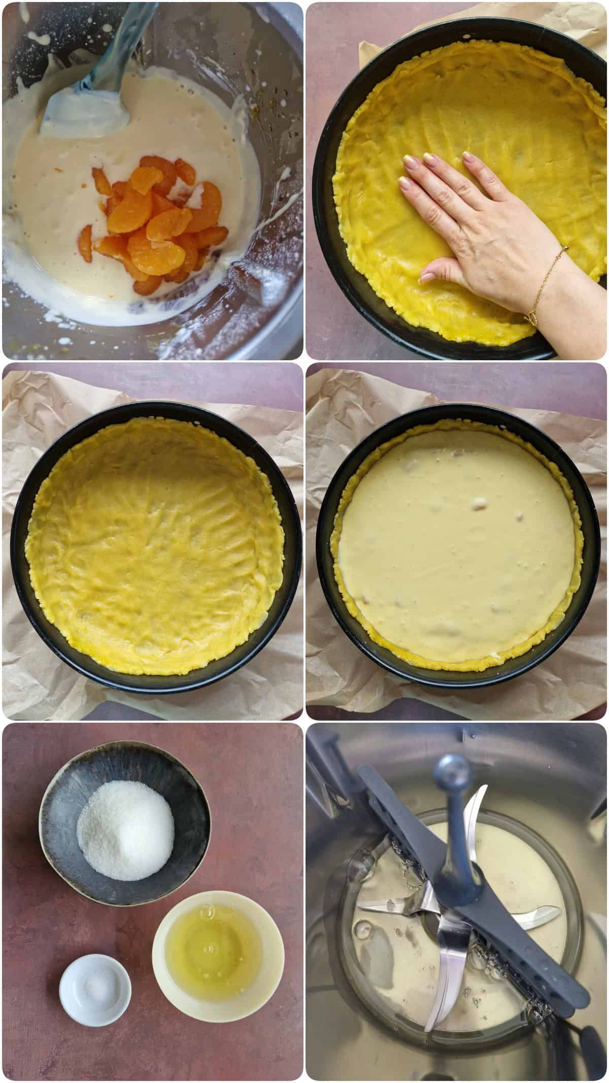 Eine Collage der Zubereitungsschritte für Käsekuchen mit Mandarinen und Baiser.