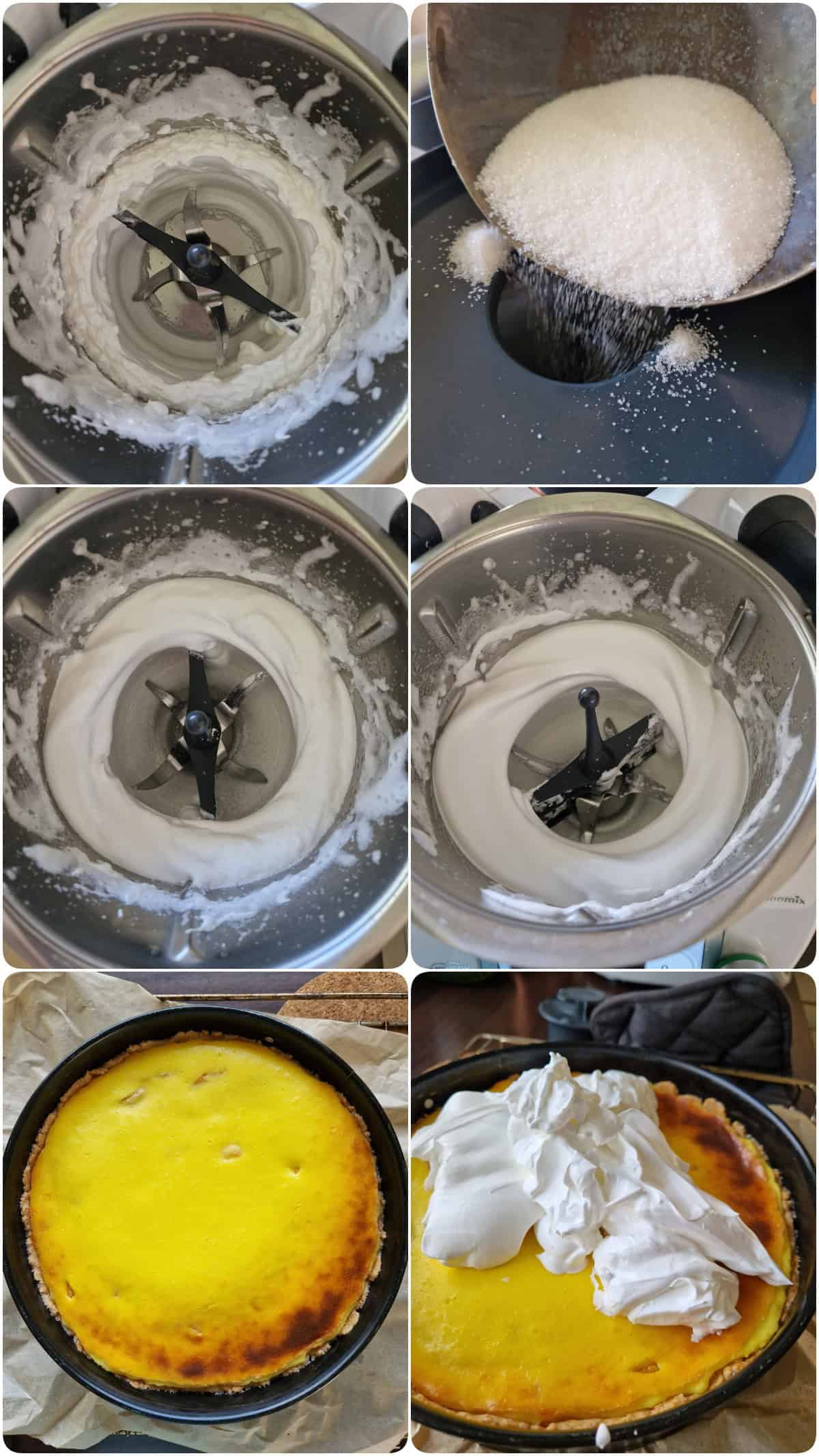 Eine Collage der Zubereitungsschritte für Käsekuchen mit Mandarinen und Baiser.