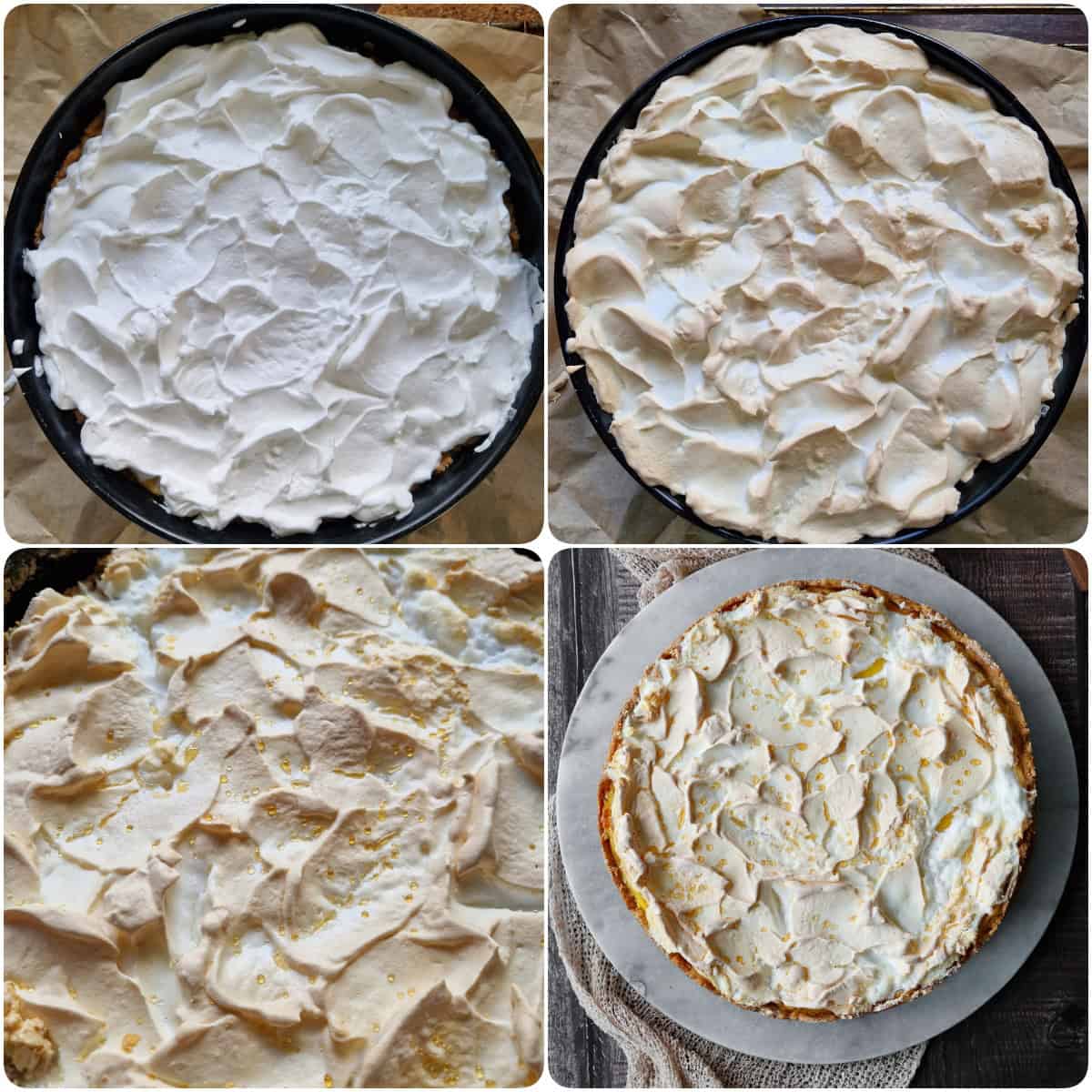 Eine Collage der Zubereitungsschritte für Käsekuchen mit Mandarinen und Baiser.