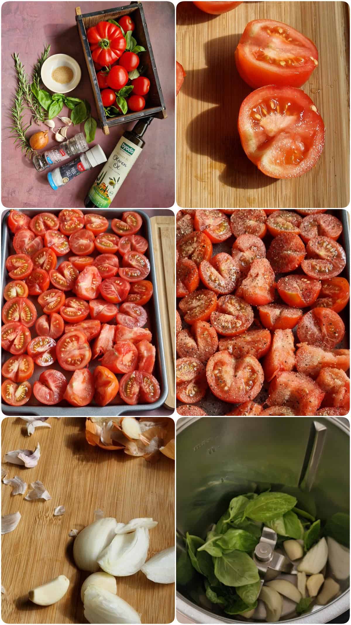 Eine Collage der Zubereitungsschritte für Ofengeröstete Tomatensoße.