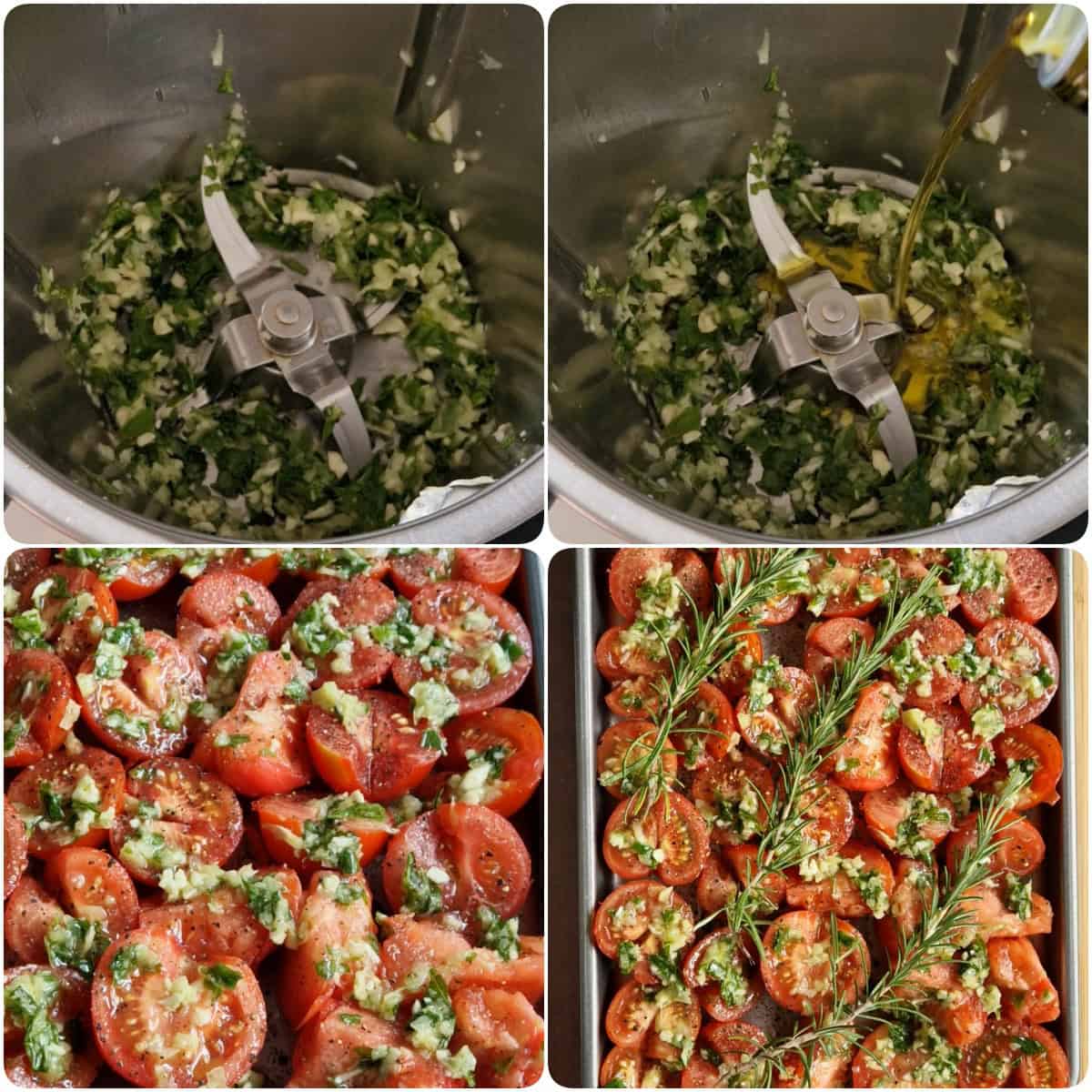 Eine Collage der Zubereitungsschritte für Ofengeröstete Tomatensoße.