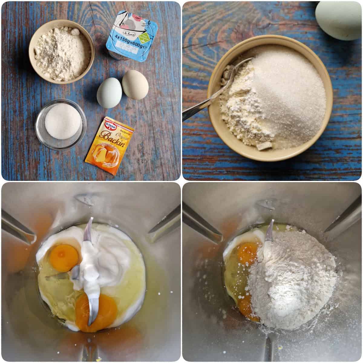 Eine Collage der Zubereitungsschritte für Pancakes.